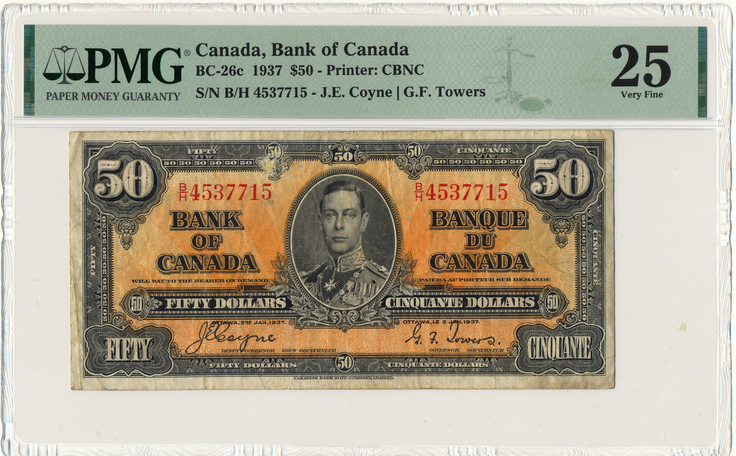 CANADA P.63c 1937 $50 Coyne, Towers VF 25