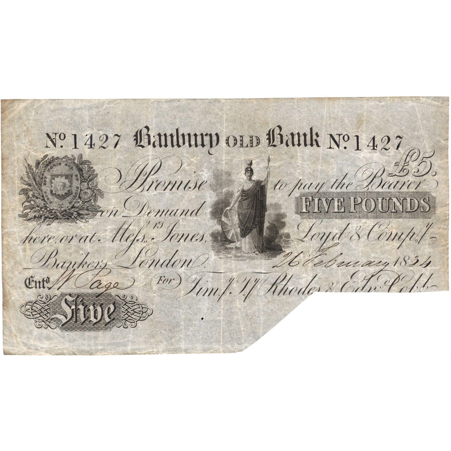 Banbury Old Bank 1834 £5 banknote Outing 71i