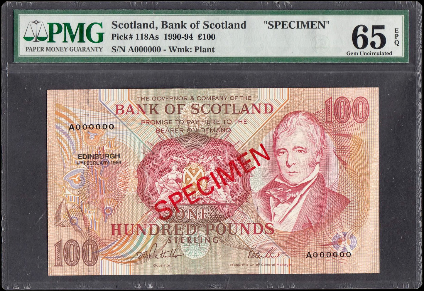 SCOTLAND P.118As SC175 1994 Bank of Scotland £100 Specimen GEM UNC 65EPQ
