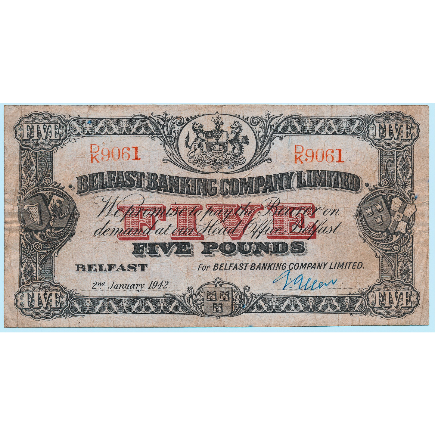 NI302b P.127b 1940 Belfast Banking Company Limited £5 F