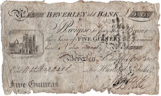 Beverley Old Bank 1805 5 Guineas banknote Outing 128b Scarce