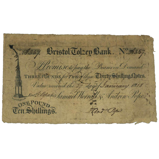 Bristol Tolzey Bank 1818 £1-10-0 banknote F Outing 325f