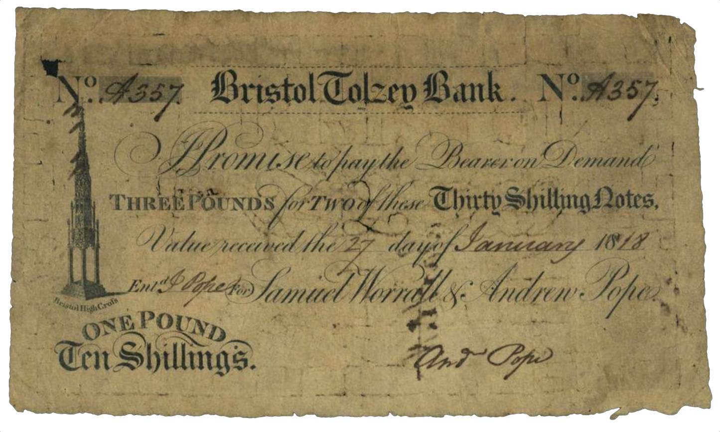 Bristol Tolzey Bank 1818 £1-10-0 banknote F Outing 325f