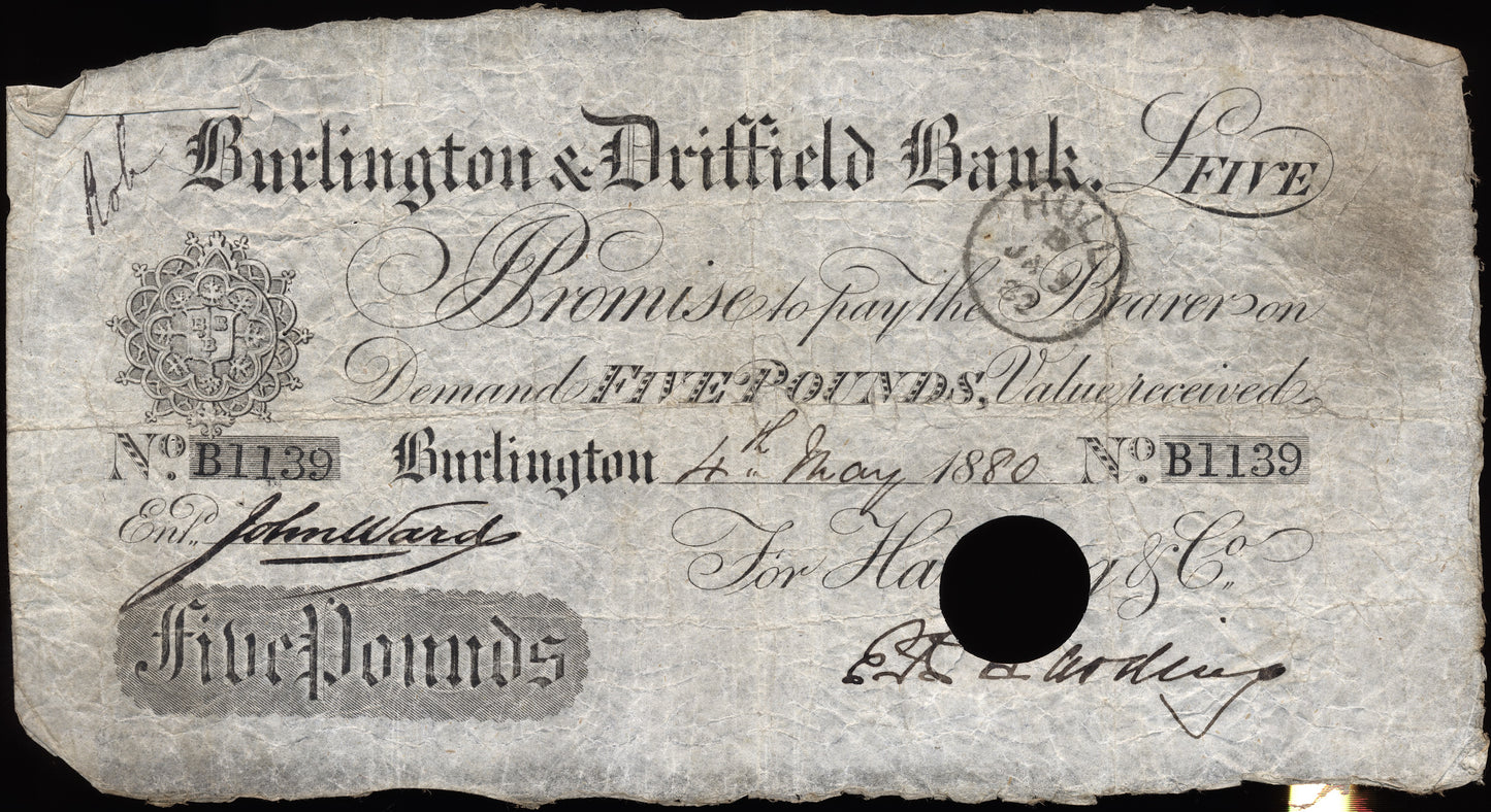 Burlington & Driffield Bank 1880 £5 banknote Outing 286s