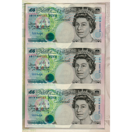 C107 1993 Debden presentation set Uncut trio of £5 notes (B363) the last printed on web presses