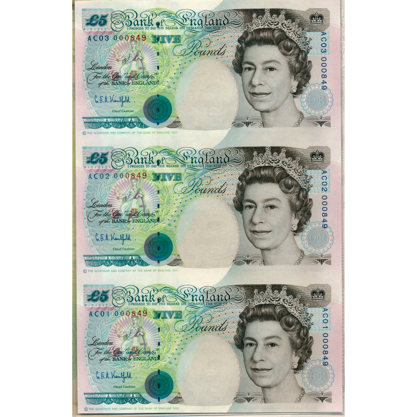 C108 1993 Debden presentation set Uncut trio of £5 notes (B364) the first printed on new sheet-fed presses