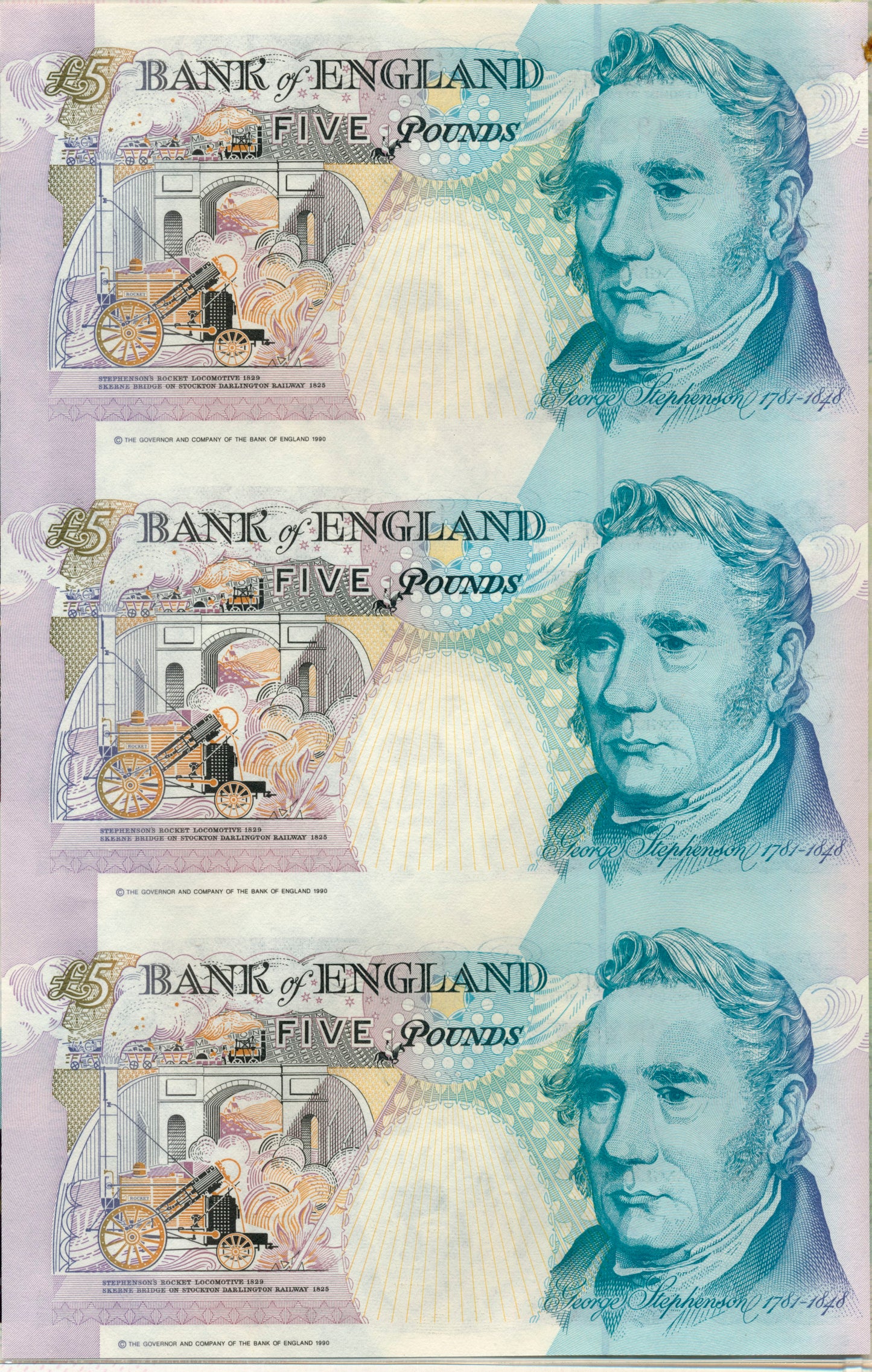 C108 1993 Debden presentation set Uncut trio of £5 notes (B364) the first printed on new sheet-fed presses