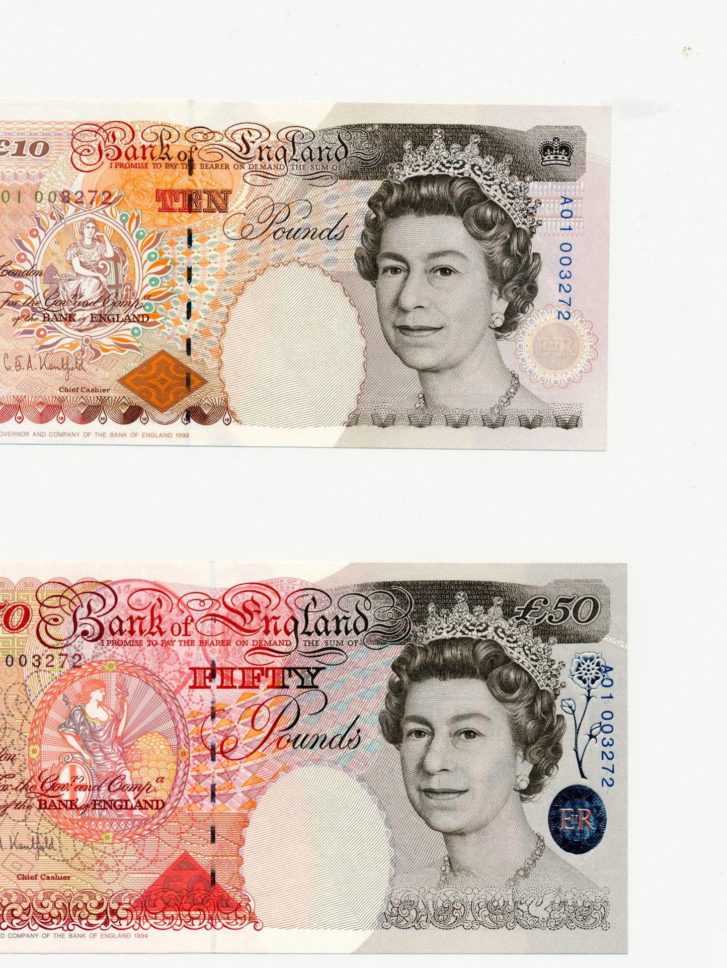 C117 1994 Debden presentation set First series E £10 B366 (A01) and £50 B377 (A01) with matching serials