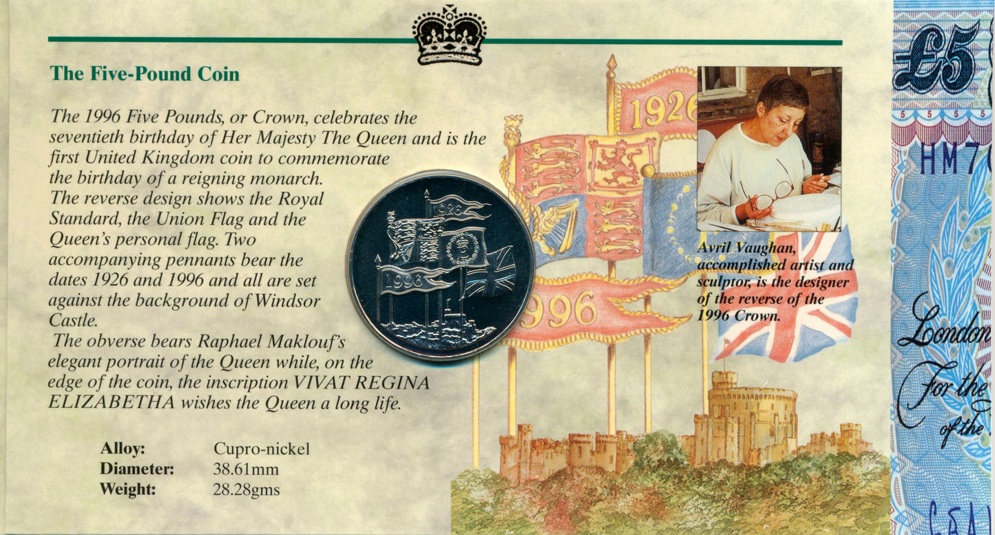 C119 1996 Debden presentation set HM Queen's 70th birthday £5 B364 (HM70) and £5 cupronickel-nickel crown