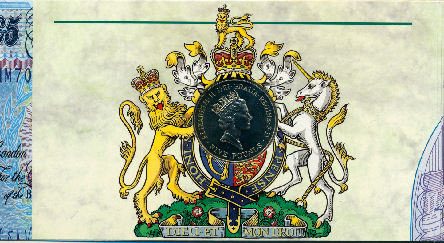 C119 1996 Debden presentation set HM Queen's 70th birthday £5 B364 (HM70) and £5 cupronickel-nickel crown