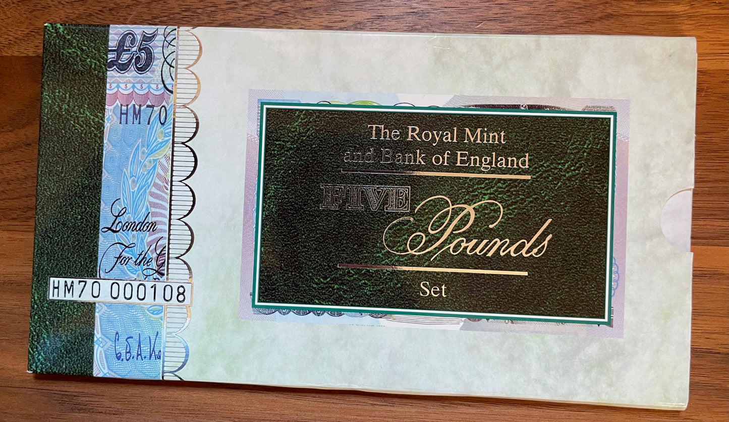 C119 1996 Debden presentation set HM Queen's 70th birthday £5 B364 (HM70) and £5 cupronickel-nickel crown