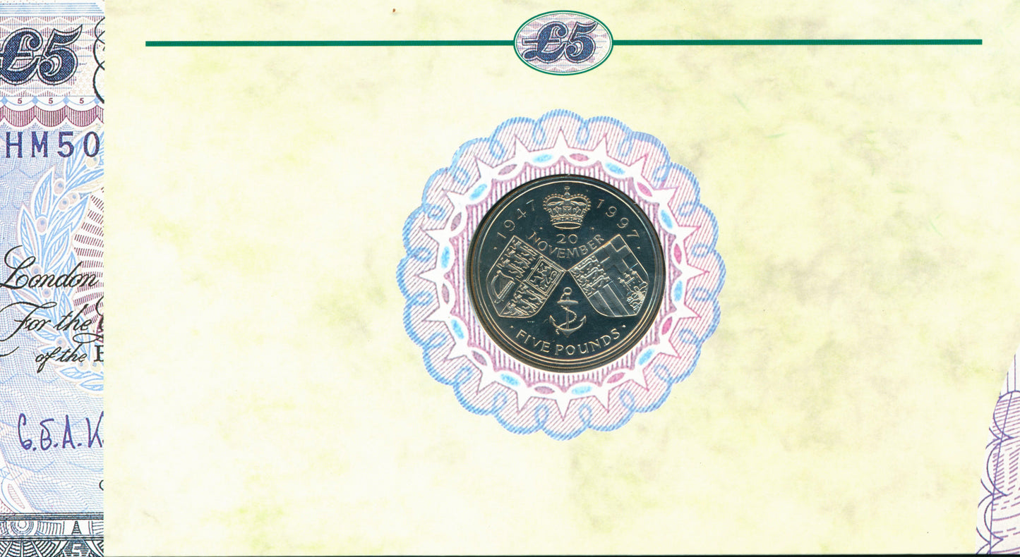 C123 1997 Debden presentation set Queens Golden Wedding Anniversary £5 B364 (HM50) and £5 cupronickel crown