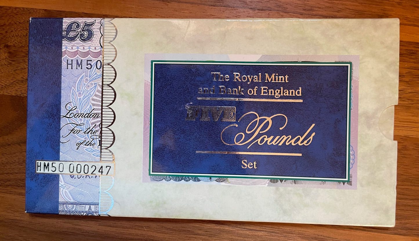 C123 1997 Debden presentation set Queens Golden Wedding Anniversary £5 B364 (HM50) and £5 cupronickel crown