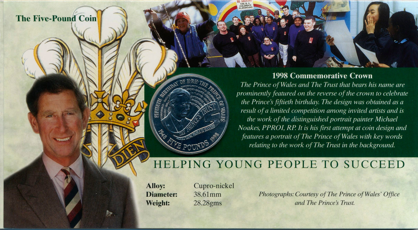 C130 1998 Debden presentation set Prince of Wales's 50th birthday £5 B364 (PW50) and £5 cupronickel-nickel crown