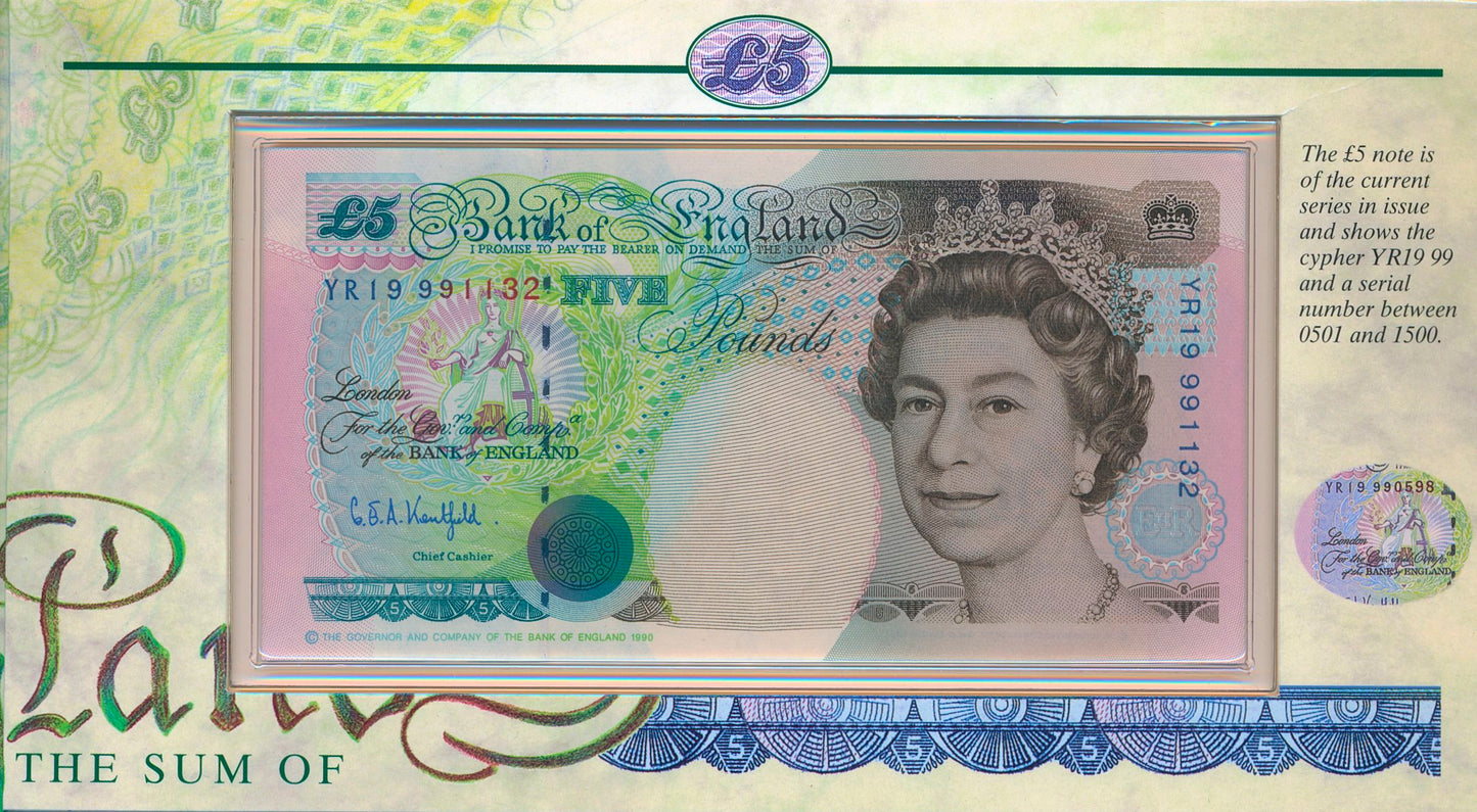 C139 1999 Debden presentation set Year prefix £5 B364 (YR19) with £5 cupronickel Millennium crown