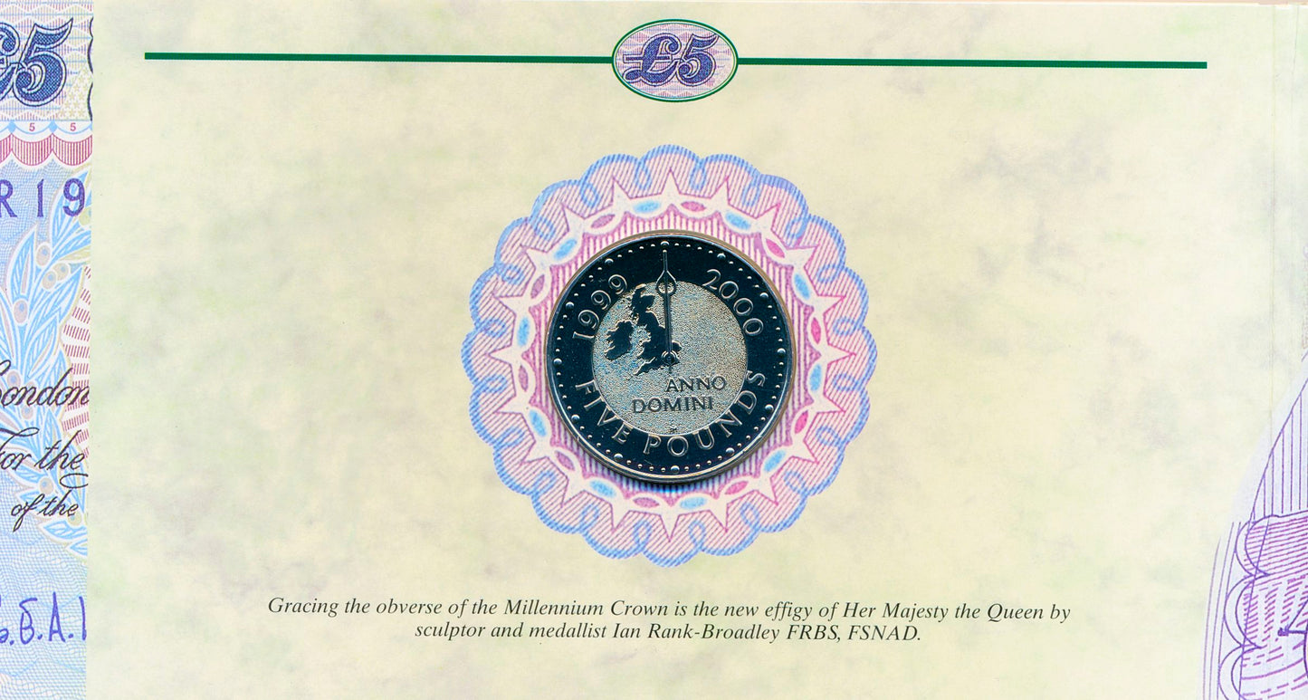 C139 1999 Debden presentation set Year prefix £5 B364 (YR19) with £5 cupronickel Millennium crown