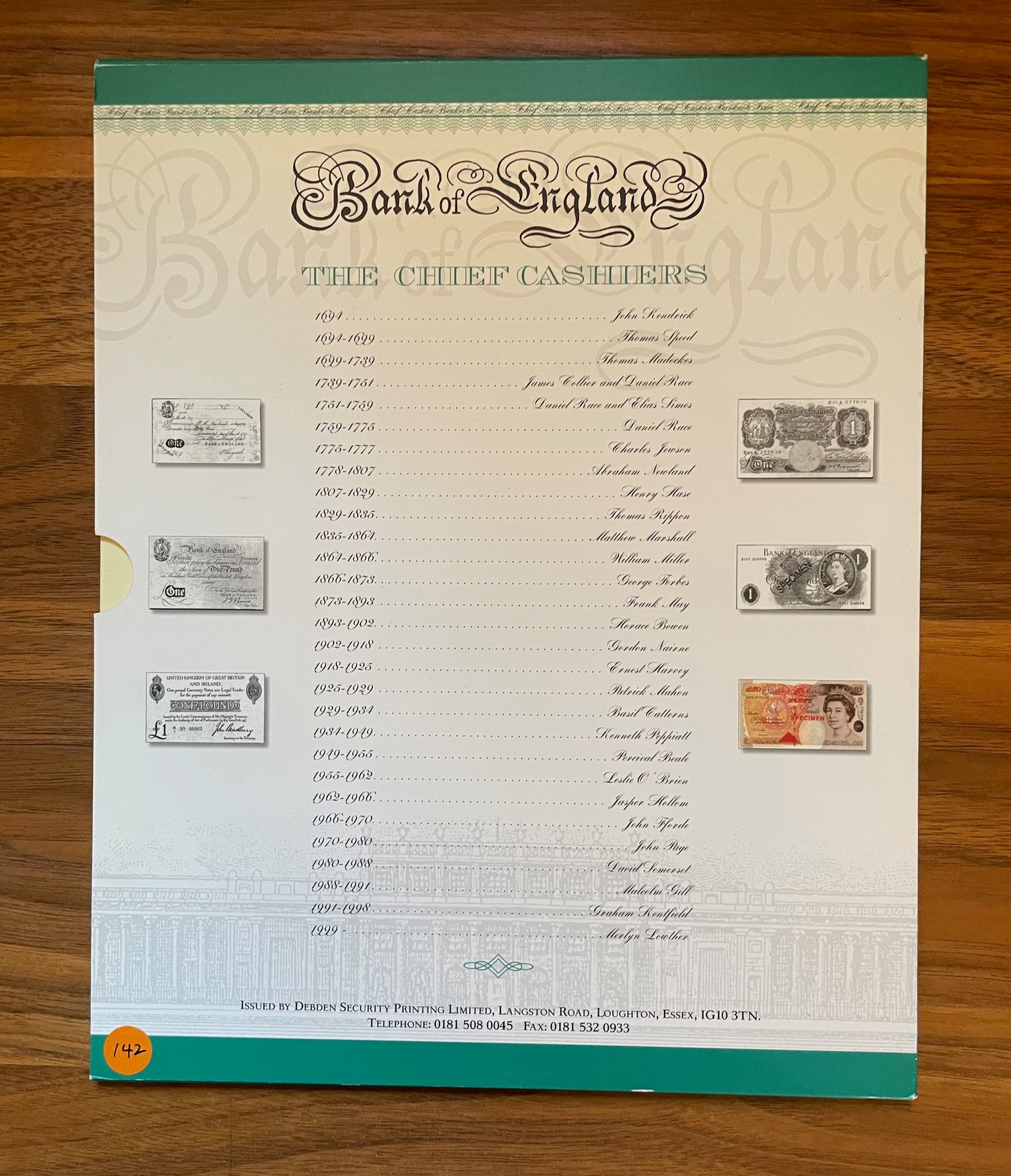 C142 1999 Debden presentation set First Lowther £5 (B380) and Last Kentfield £5 (B364)