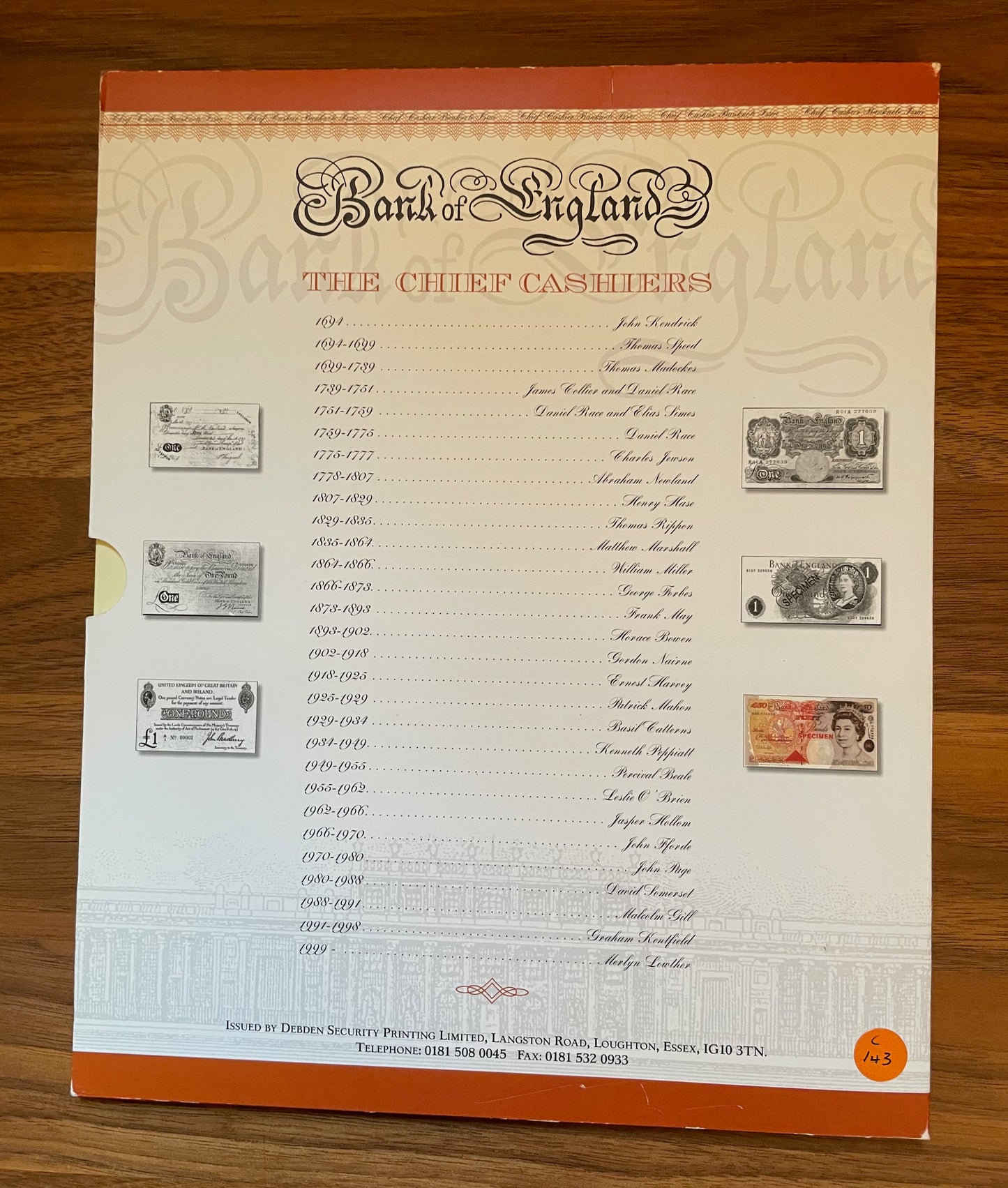 C143 1999 Debden presentation set First Lowther £10 (B382) and Last Kentfield £10 (B369)