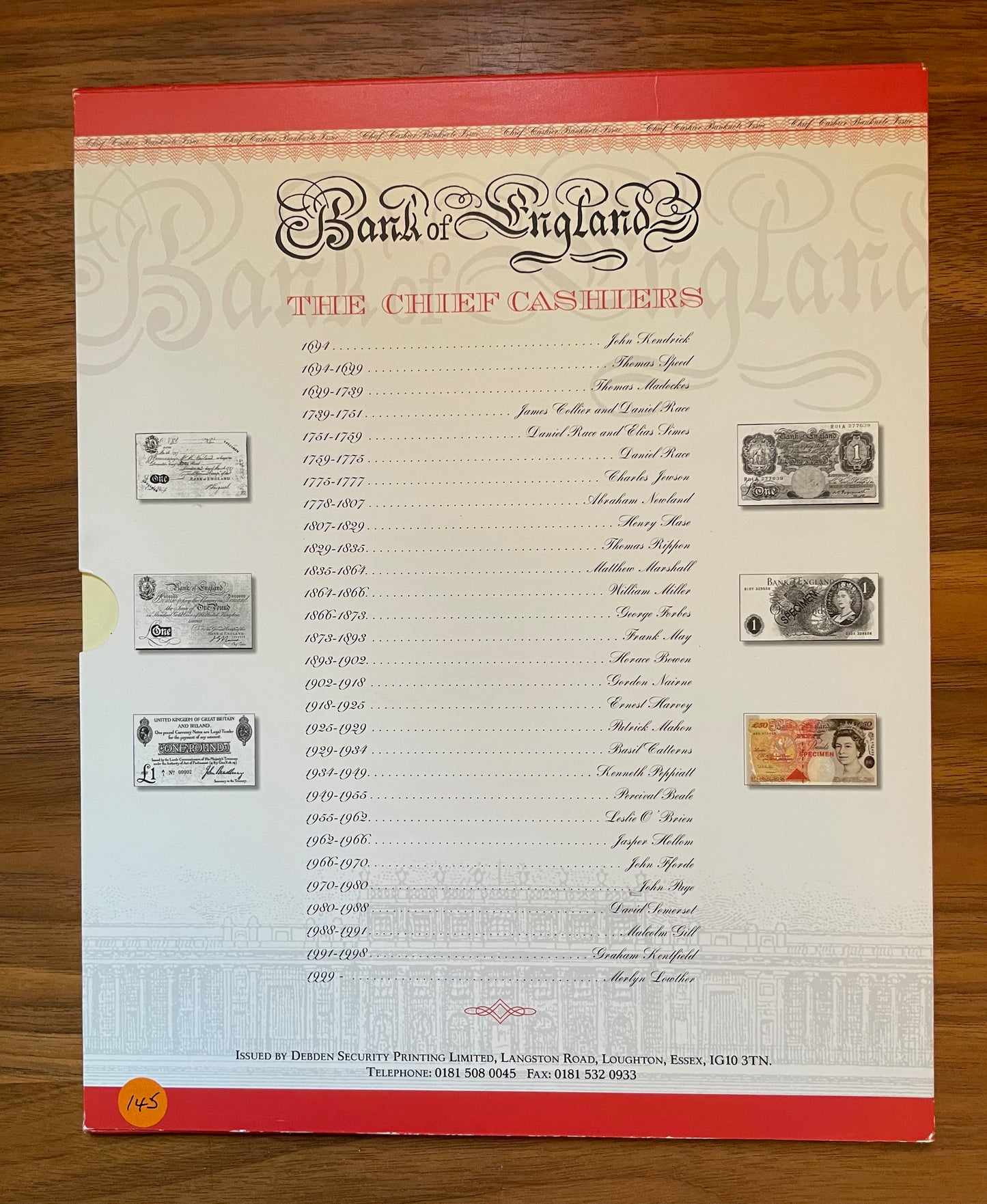 C145 1999 Debden presentation set First Lowther £50 (B385) and Last Kentfield £50 (B377)