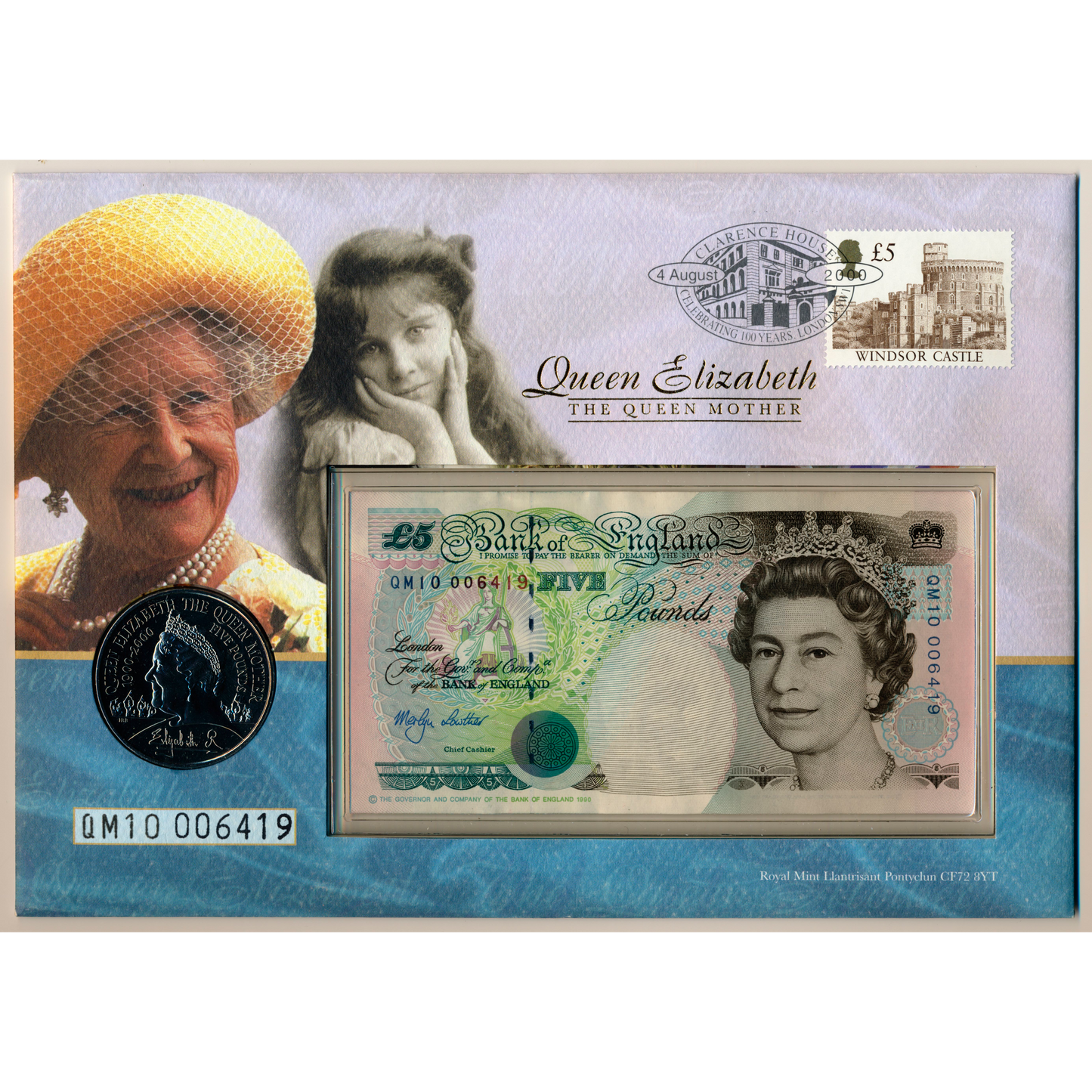 C152 2000 Debden presentation set Queen Mothers 100th birthday £5 B380 (QM10) £5 cupronickel-nickel crown and £5 stamp