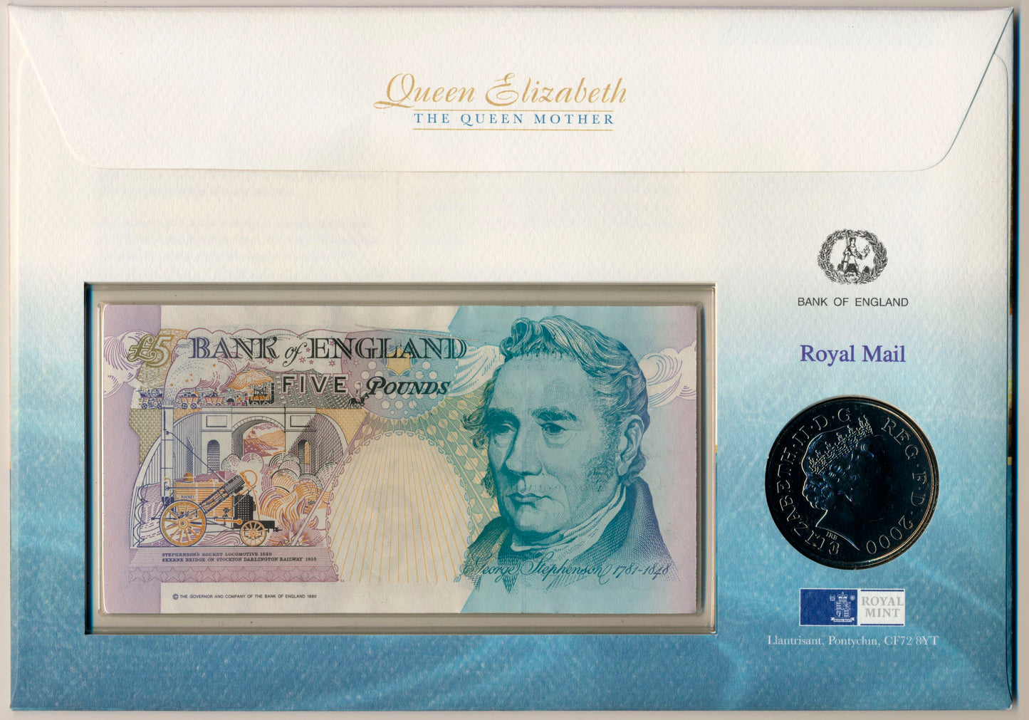 C152 2000 Debden presentation set Queen Mothers 100th birthday £5 B380 (QM10) £5 cupronickel-nickel crown and £5 stamp