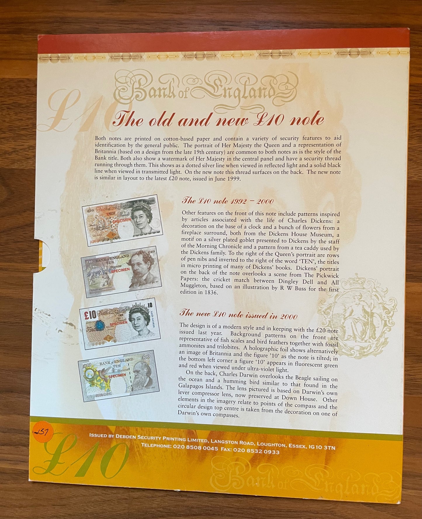 C157 2000 Debden presentation set Last Dickens £10 (B382) and First Darwin £10 (B390)