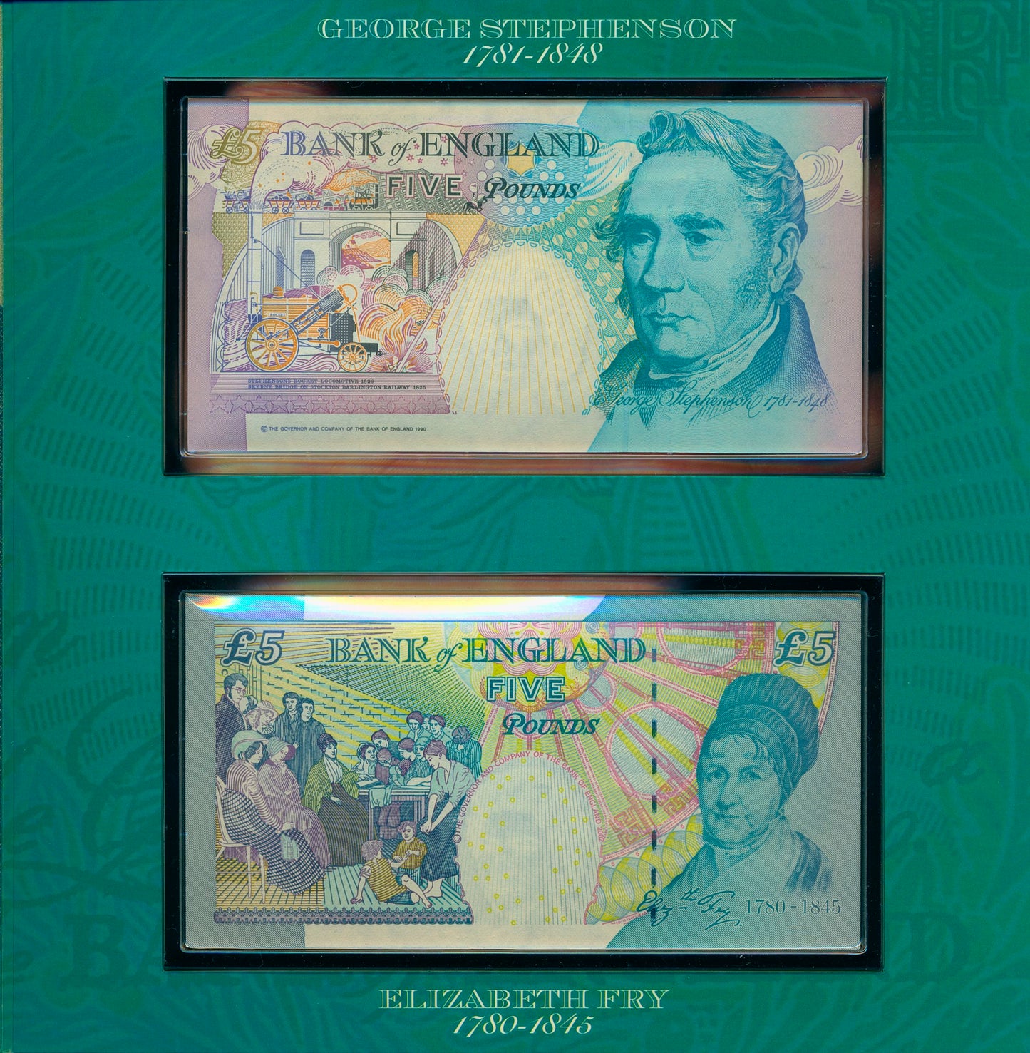 C162 2002 Debden presentation set Last Stephenson £5 (B380) and First Fry £5 (B395)