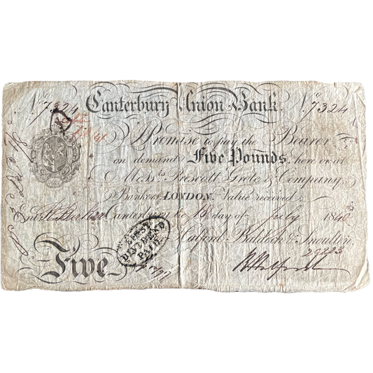 Canterbury Union Bank 1840 £5 banknote Outing 415e