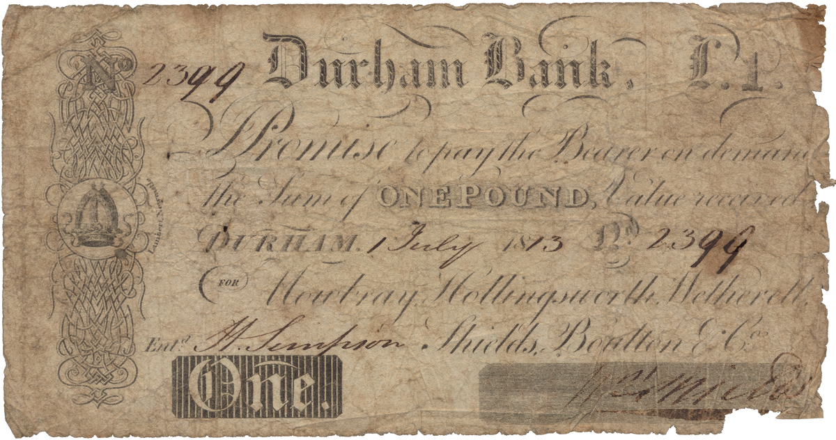 Durham Bank 1813 £1 banknote Outing 721e