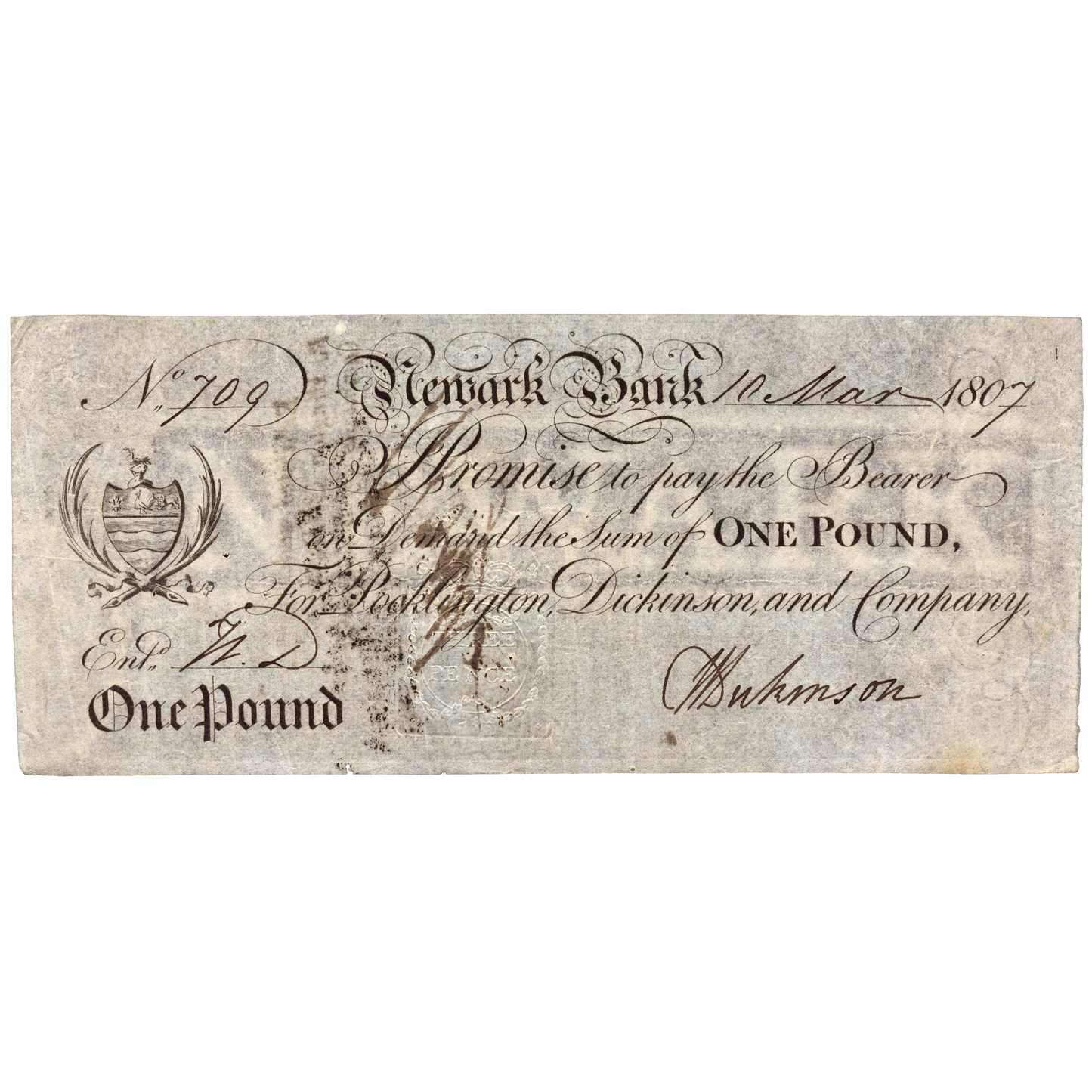 Newark Bank 1807 £1 banknote Outing 1488i