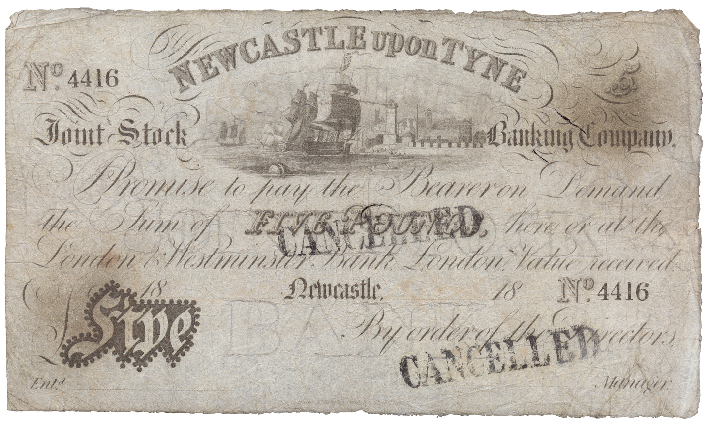 Newcastle upon Tyne Joint Stock Bank 1840 £5 banknote Outing 1515b