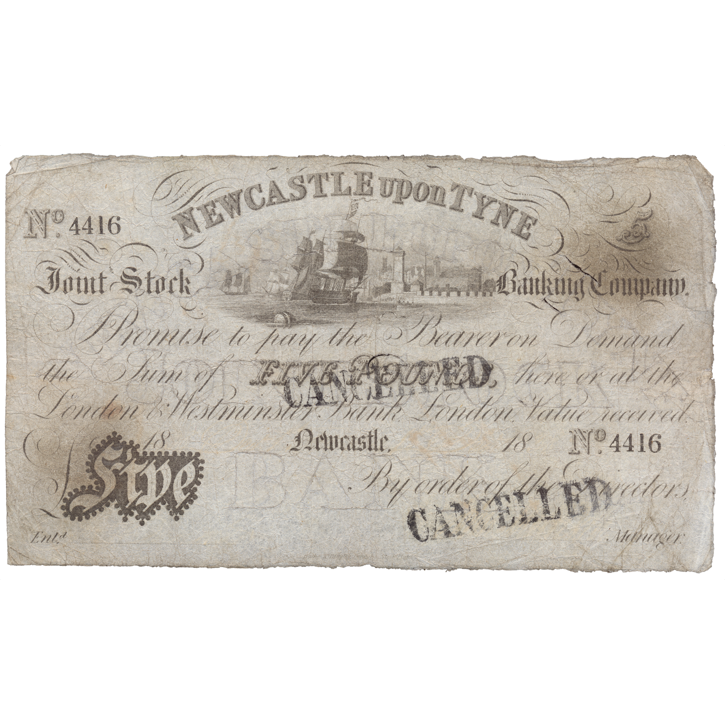Newcastle upon Tyne Joint Stock Bank 1840 £5 banknote Outing 1515b
