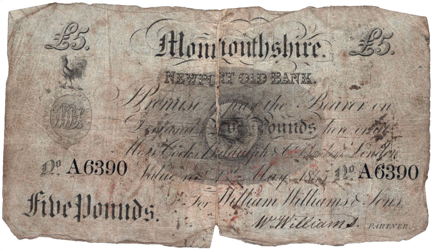Newport Old Bank Monmouthshire 1845 £5 banknote Outing 1544a