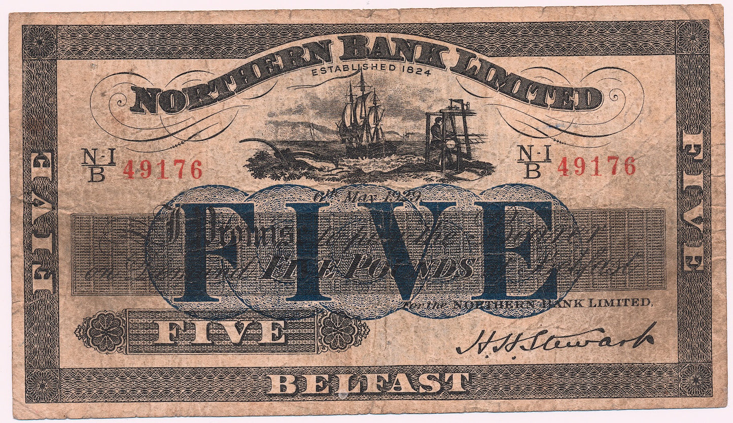 NORTHERN IRELAND P.179 NI612b 1929 Northern Bank £5 F