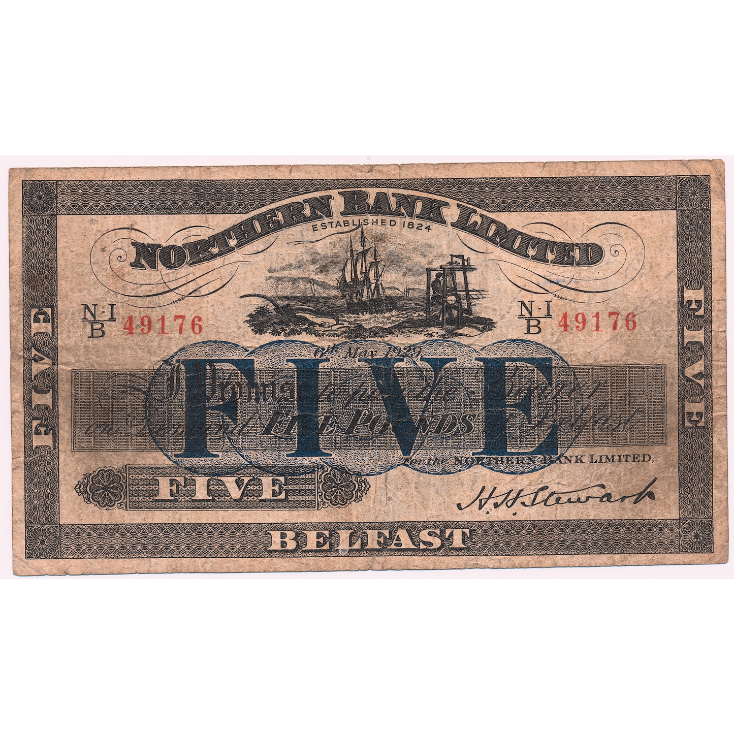 NORTHERN IRELAND P.179 NI612b 1929 Northern Bank £5 F