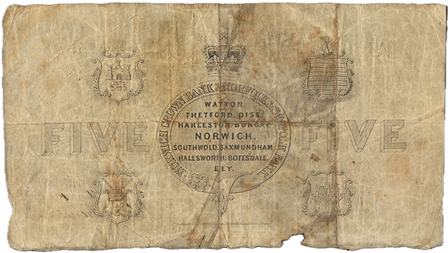 Norwich Crown Bank & Norfolk & Suffolk Bank 1869 £5 banknote Outing 1606k