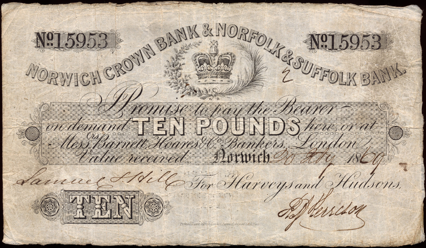 Norwich Crown Bank & Norfolk & Suffolk Bank 1869 £10 banknote Outing 1606l