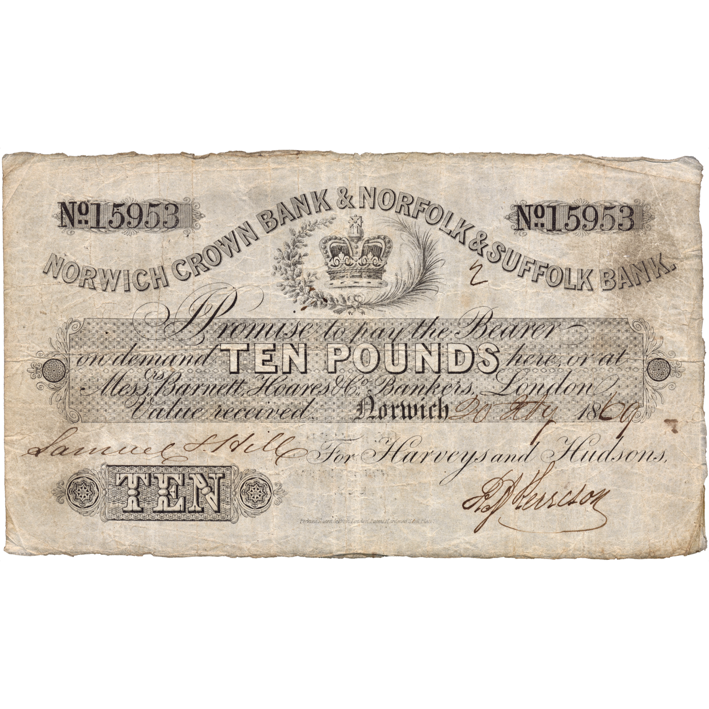 Norwich Crown Bank & Norfolk & Suffolk Bank 1869 £10 banknote Outing 1606l
