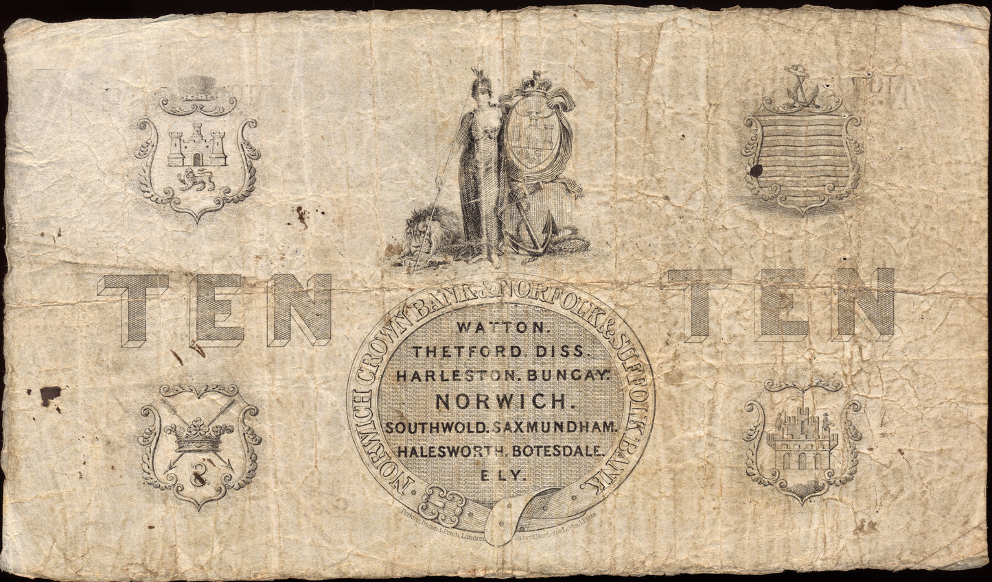 Norwich Crown Bank & Norfolk & Suffolk Bank 1869 £10 banknote Outing 1606l