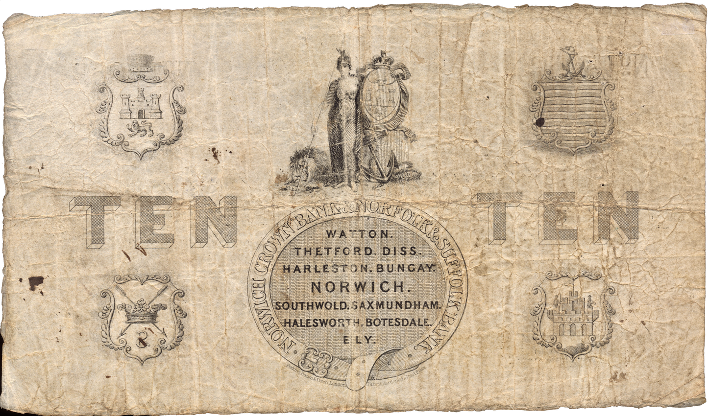 Norwich Crown Bank & Norfolk & Suffolk Bank 1869 £10 banknote Outing 1606l