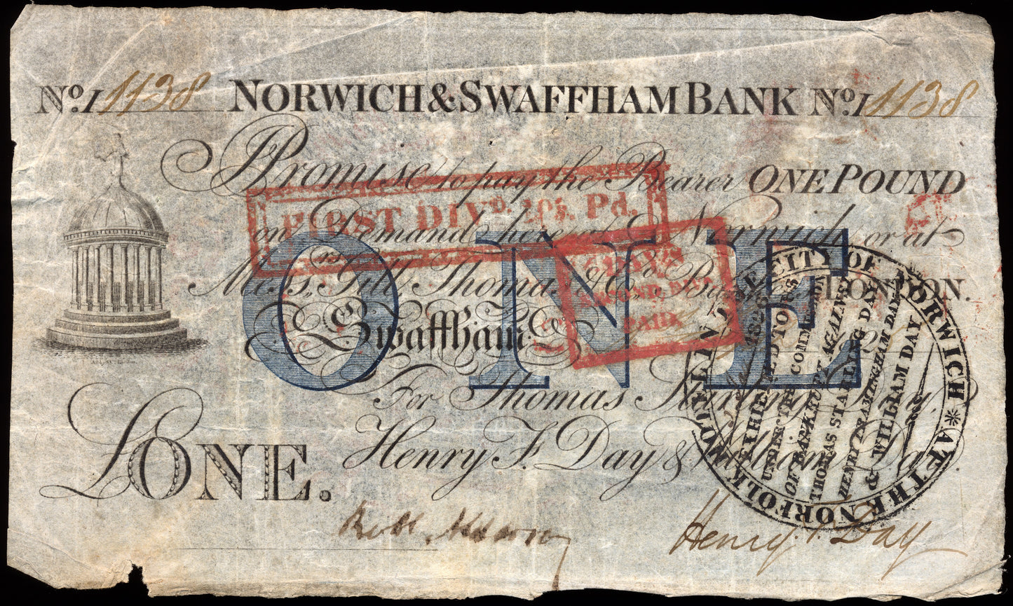 Norwich & Swaffham Bank 1825 £1 banknote Outing 1609i