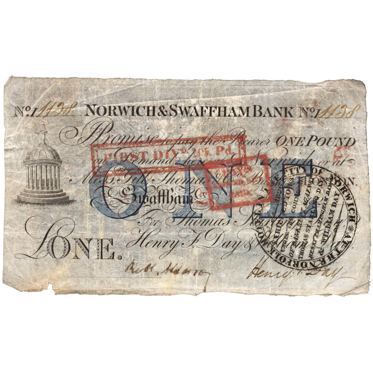 Norwich & Swaffham Bank 1825 £1 banknote Outing 1609i
