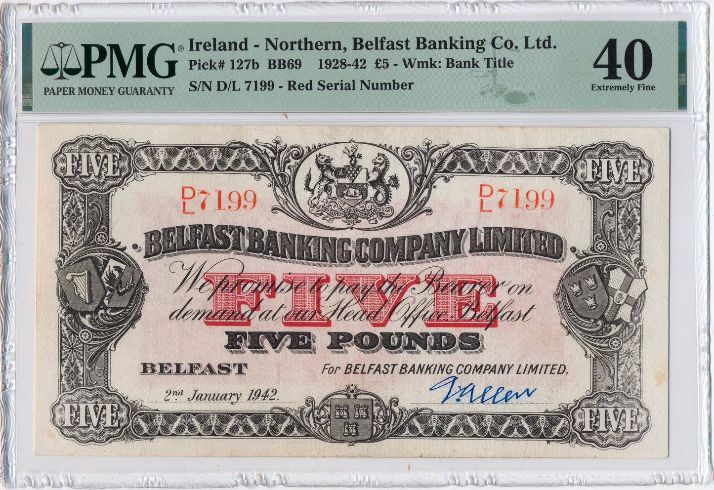 NORTHERN IRELAND P.127b NI302b 1942 Belfast Banking Company Limited £5 EF40