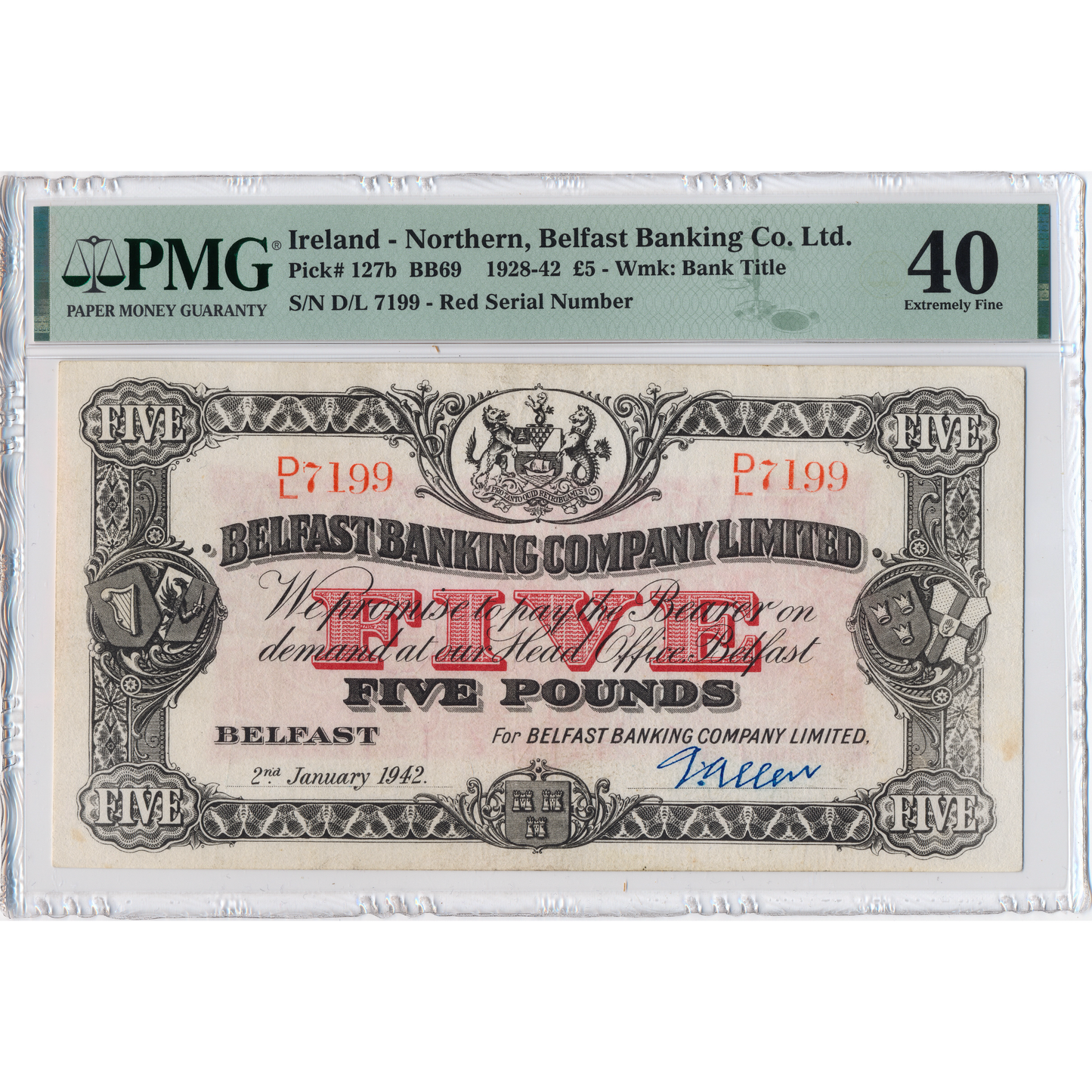 NORTHERN IRELAND P.127b NI302b 1942 Belfast Banking Company Limited £5 EF40