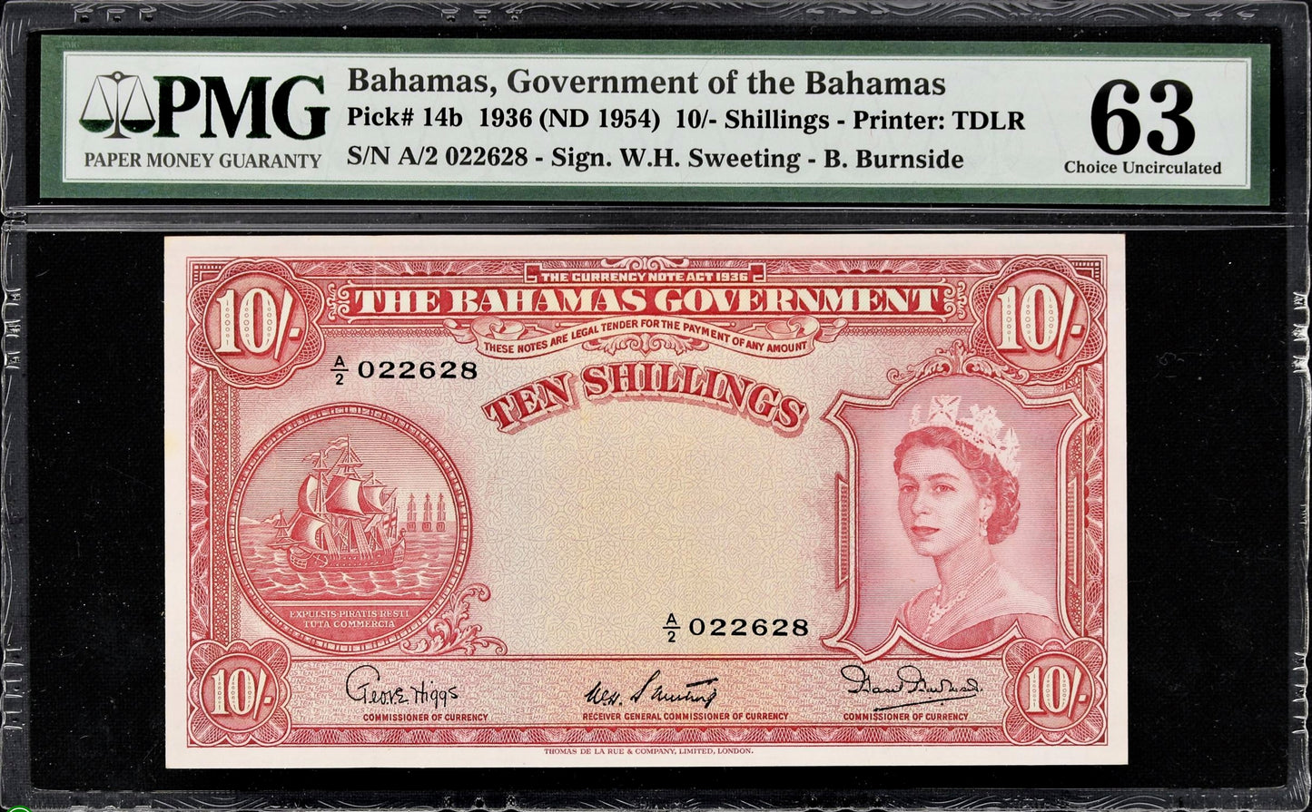 BAHAMAS P.14b 1953 10 Shillings Choice UNC 63
