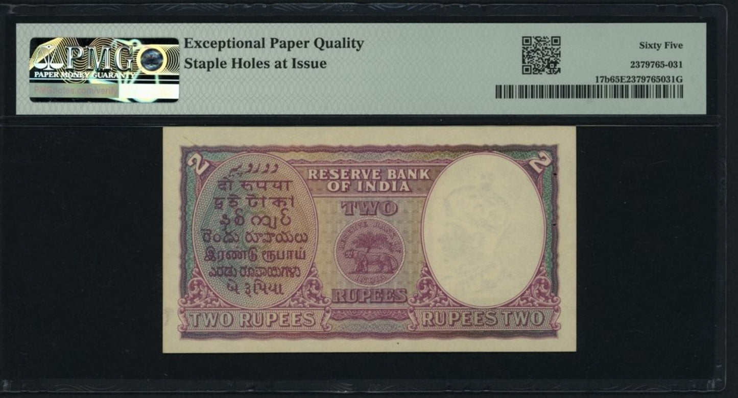 INDIA P.17b 1943 2 Rupees Gem UNC 65 EPQ