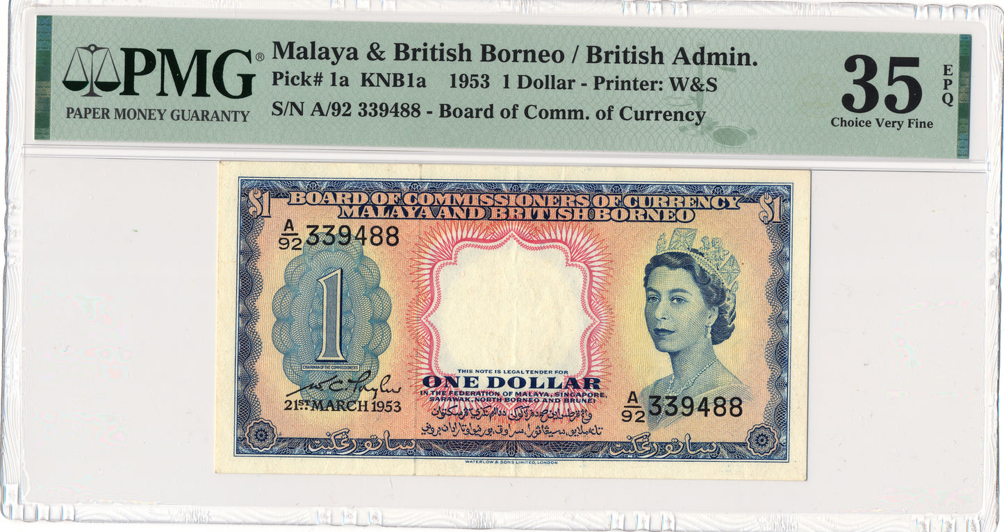 MALAYA and BRITISH BORNEO P.1a 1953 $1 Choice VF 35 EPQ