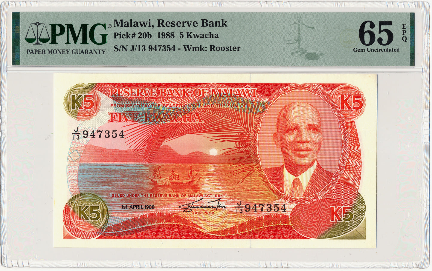 MALAWI P.20b 1988 5 Kwacha Gem UNC 65 EPQ