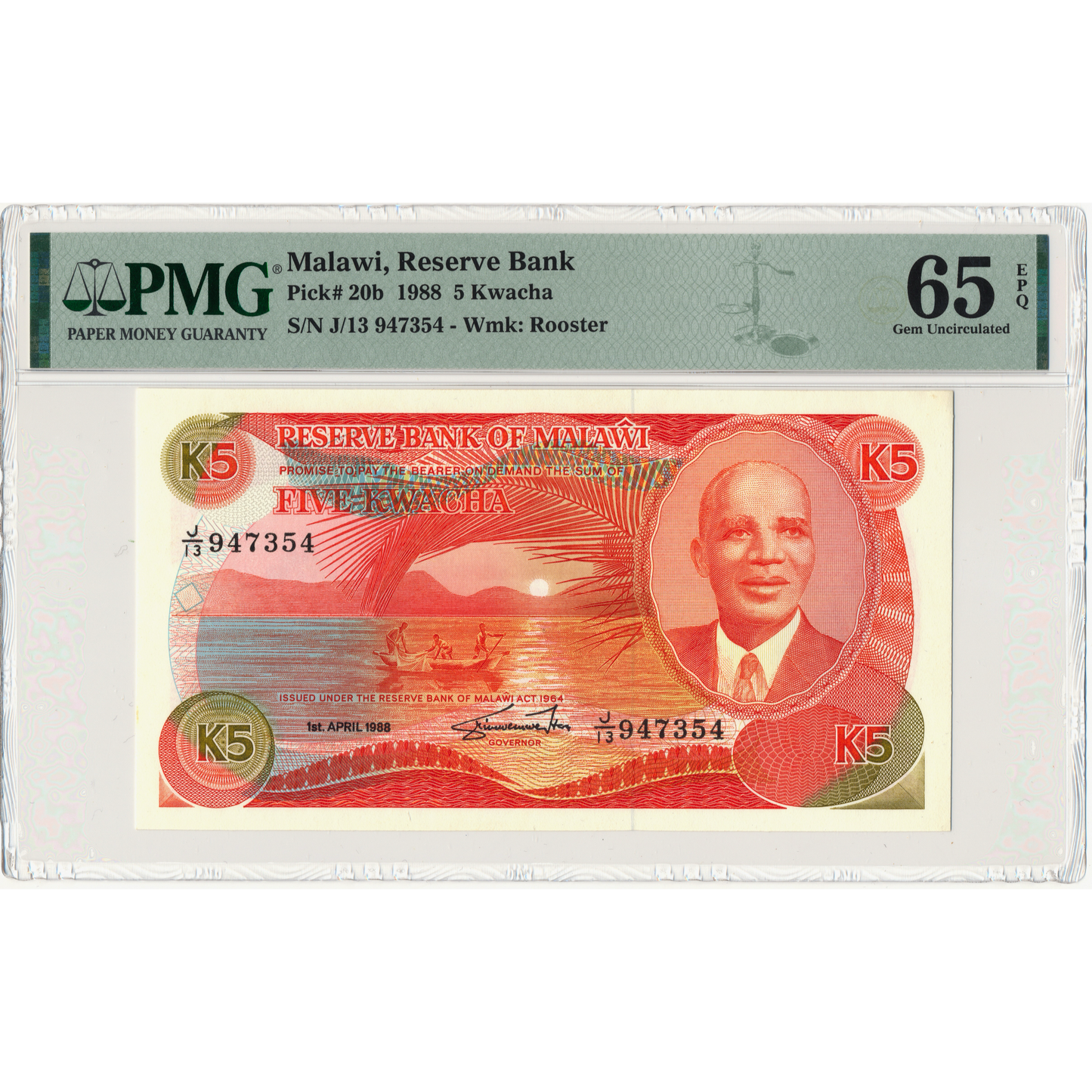 MALAWI P.20b 1988 5 Kwacha Gem UNC 65 EPQ