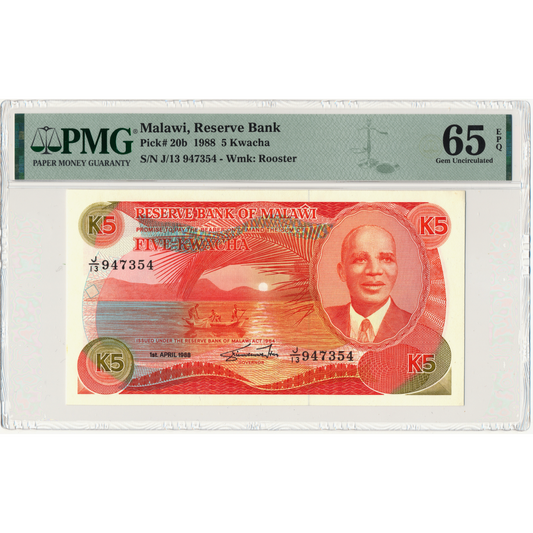 MALAWI P.20b 1988 5 Kwacha Gem UNC 65 EPQ